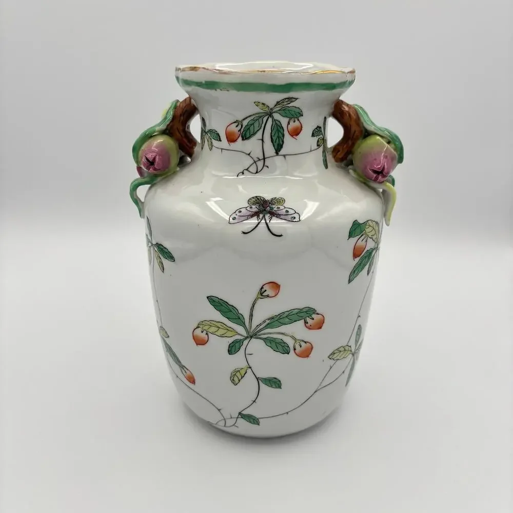Vintage Chinoiserie Famille Rose Porcelain Butterfly & Pomegranate Handle Vase